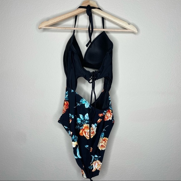Medium One Piece Bathing Suit Black top Floral bottom - Picture 2 of 7